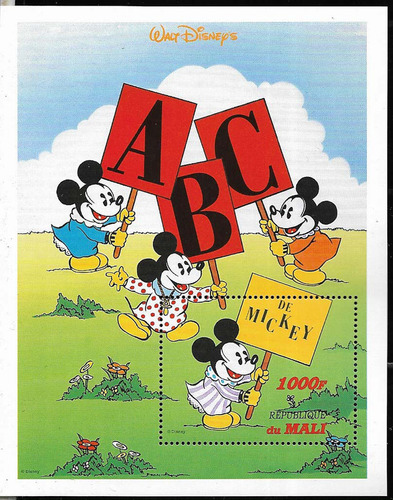 #19159 Estampilla Disney Mali Mickey Alfabeto Bloc Mint