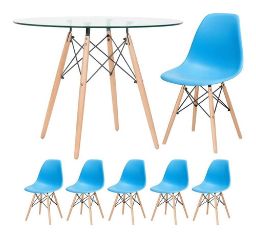 Kit - Mesa Eames Tampo Vidro 100 Cm + 5 Cadeiras Eiffel Dsw Cor Azul-céu