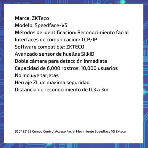 Imagen 6 de 10 de Combo Control Acceso Facial Movimiento Speedface V5 Zkteco