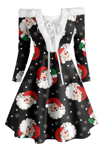 Vestido Vintage Navidad Para Mujer Cuadro Manga Larga Hombro