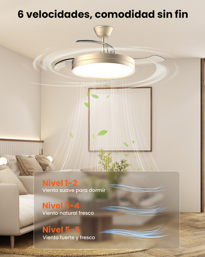 Ventilador de Techo Dorado Retráctil 42" con Luz LED de 3 Tonos, Motor DC Silencioso, 6 Velocidades, Control Remoto, Aspas Invisibles, Reversible para Verano e Invierno, Diseño Moderno Interior