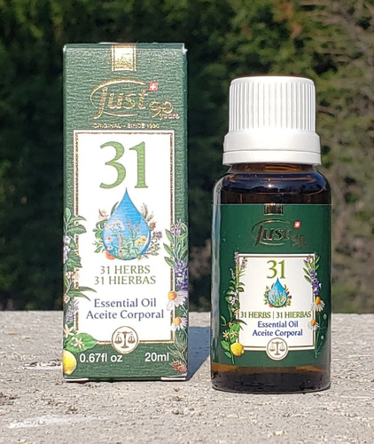 ÓLEO 31 Swiss Just . Compuesto por una combinacion de 31 aceites esenciales 100% puros. Refresca y revitaliza, alivia el dolor de cabeza y minimiza la tensión acumulada en músculos y articulaciones.