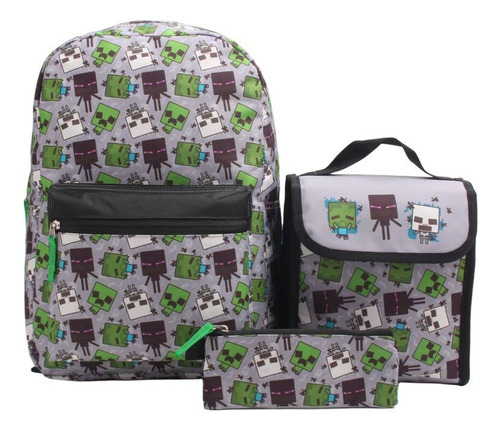 Mochila Escolar Con Lonchera  Estuche Minecraft 3 Piezas Diseño De La Tela Liso