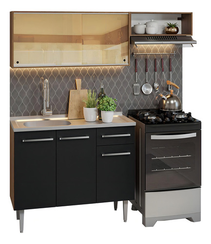 Armário Cozinha Compacta 165cm Com Pia Emilly Madesa 06 Rp Cor Rustic/Preto