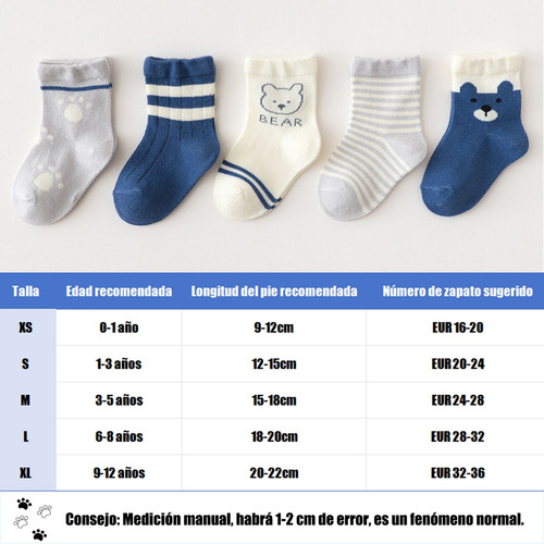 Calceta Para Bebes Y Niños De Algodón 5 Piezas Azul Marino 3-5 Años