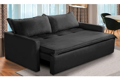 Sofá Sem Caixa Ret Reclinável 1,85m Molas Kiara Suede Preto