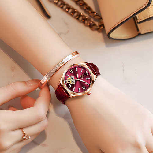 Reloj Mecánico De Cuero Para Mujer Olevs 6636 Color de la correa Wine red