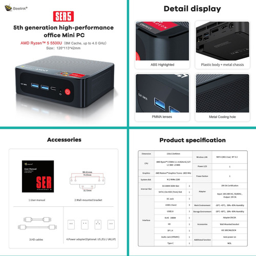 Mini PC Beelink Processor Amd Ryzen 5 5500u 500 GB Ssd 16 GB