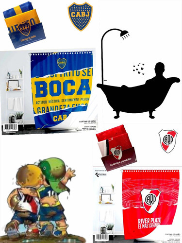 Cortina De Baño Boca Juniors Teflon + Ganchos Color Azul Y Amarillo