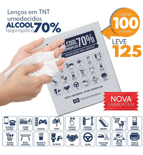 Lenço Umedecido Com Alcool Em Gel 70% Pack C/100 Unid