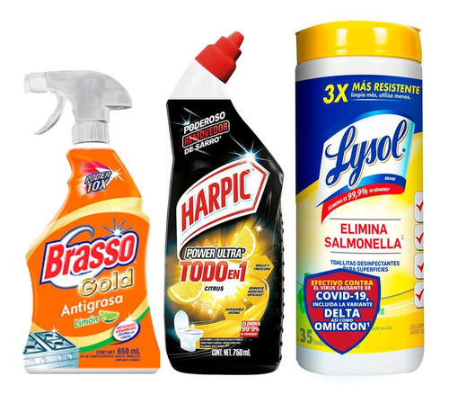 Pack Limpieza Cocina Brasso + Toallitas Lysol + Harpic Baños