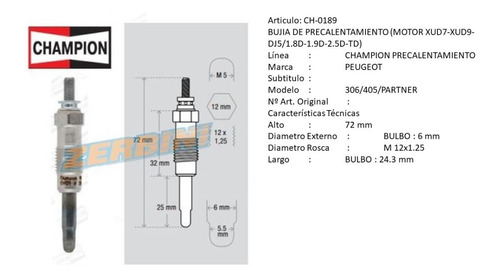 Bujia Pre Calentamiento X4 Peugeot 306 405 Partner 1.9 97/00