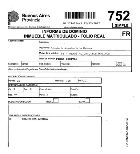 Informe De Dominio Inmueble - Titularidad, Inhibición