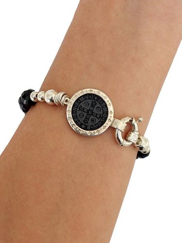 Pulsera De Bolitas Onix Con Gancho San Benito Plata 925