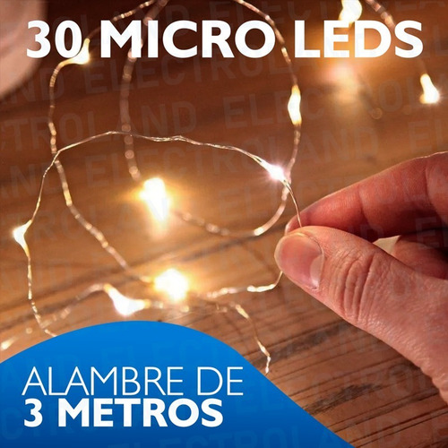 Imagen 4 de 10 de Pack X 10 Luces Guirnalda Calidas Alambre 30 Led A Pila