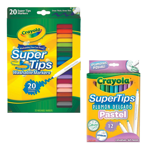 Kit De 20 Supertips Crayola + 12 Plumones Pastel Super Tips 