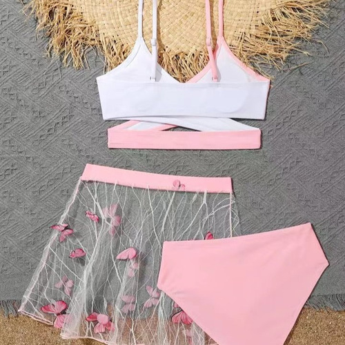 Bikini 3pcs Con Malla Y Falda Mariposa - Estilo Playa