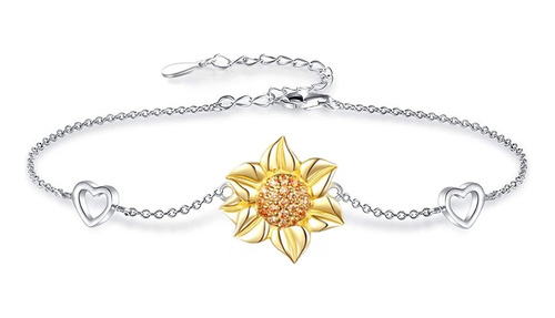 Pulsera Plata Esterlina 925 Flor Girasol Corazón Brazalete 