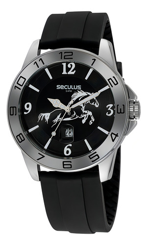 Relogio Masculino Prata Cavalo Seculus Linha Country Preto