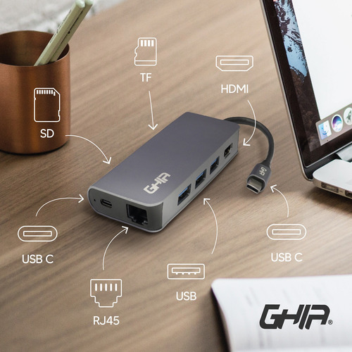Adaptador Multipuerto Ghia 8 En 1 Usb 3.1 Tipo C A Hdmi Rj45