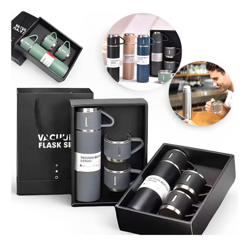 Kit Garrafa Térmica Vacuum Flask Set C/ 3 Xicaras 500ml Inox