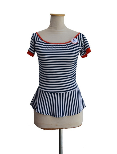 Remera Rayada Azul Blanca Pin Up Peplum Escote Bote Retro 