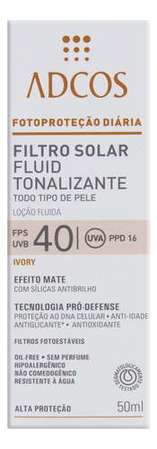 Protetor Solar Tonalizante Fluid FPS 40 sem Perfume Ivory Adcos Caixa 50ml