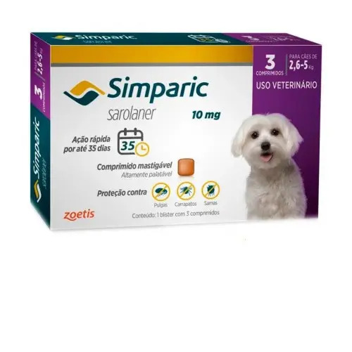 Simparic 10mg 2,6 A 5kg Antipulgas C/3 Comprimidos Cachorros Cor Branco