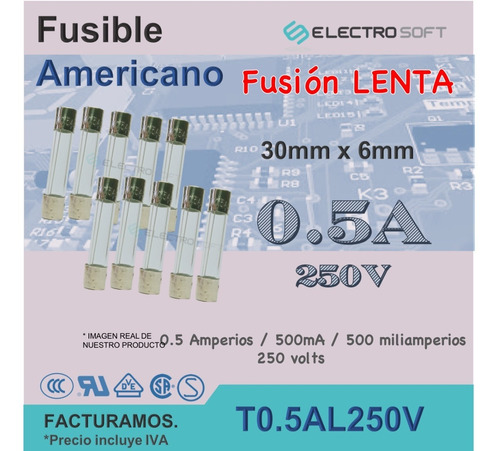10pz Fusible Americano 0.5a 250v | 500ma - Fusión Lenta