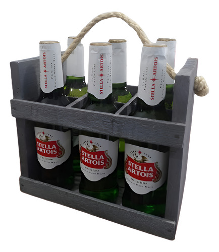 Cerveja Stella Artois 06 Long Neck + Mini Engradado Madeira.