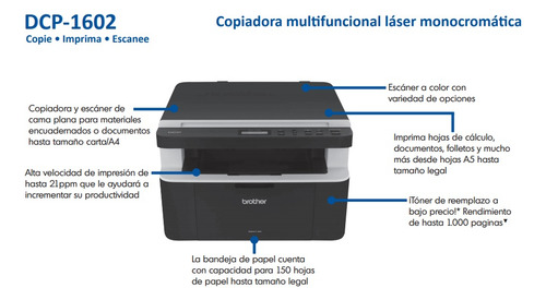 Impresora multifunción monocromática Brother Laser DCP-1602 220V