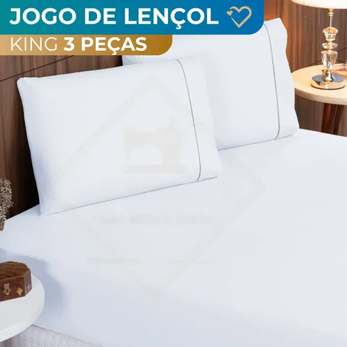 Jogo De Lençol Cama King 03 Peças 400 Fios Ponto Palito Cor Branco Desenho Do Tecido Lisa