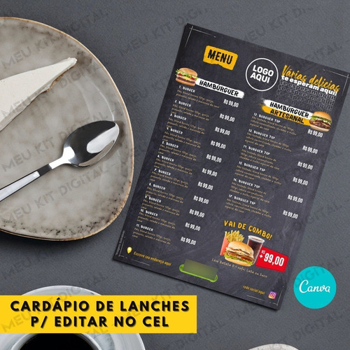 Imagem 1 de 10 de Cardápio De Lanches/ Hambúrguer( A4 P/imprimir) Edite No C
