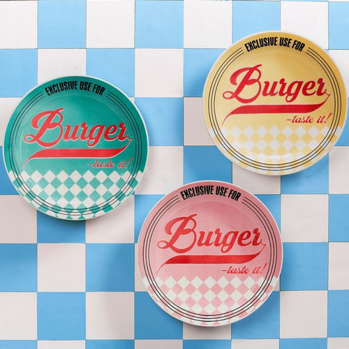 3 Pratos Jantar Burger Retro Coloridos Cerâmica Oxford