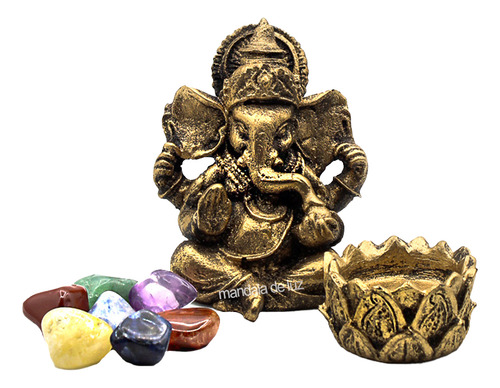 Combo Estátua De Ganesha + Pedras Dos Chakras +castiçal Kit Cor Dourado