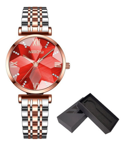 Reloj Nibosi 2529 Diamond Quartz Inoxidable Fondo Rojo
