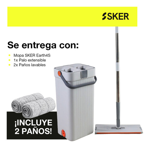 Trapeador Mopa Plana Sker Con Balde Escurridor Y Cabezal 360 2 Paños