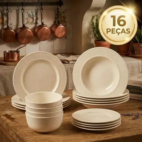 Aparelho De Jantar Kit 16 Peças Vidro Branco Jogo Pratos E Bowl Canelado Mesa Resistente Pítia
