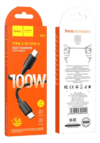 Cable Hoco X96 Hyper Usb Tipo C A Usb Tipo C 100w 1m Negro