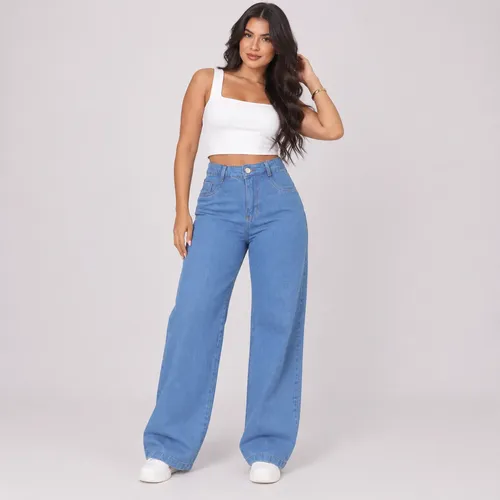 Calca Jeans Feminina Wide Leg Pantalona Cintura Alta Stilger