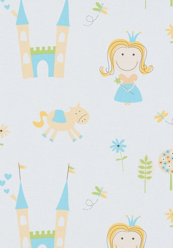 Imagen 1 de 3 de Papel Tapiz Infantil Azul Diseño Princesas Y Castillos