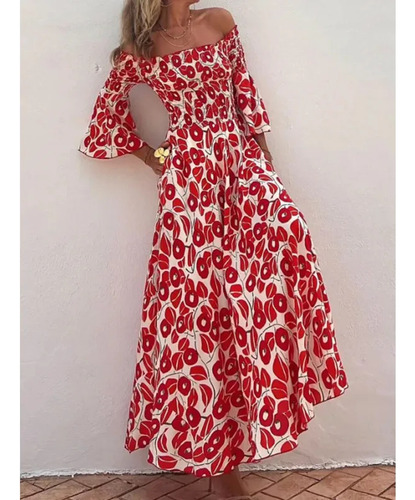 Elegante Vestido Largo De Fibra De Viscosa Con Estampado Flo