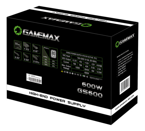 Fonte Gamemax Gs600 600w 80 Plus White Pfc Ativo Preta