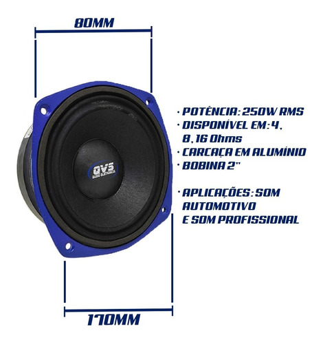 Imagem 3 de 6 de Auto Falante Qvs 6 Polegadas 250rms Medio Grave Medio Qvs
