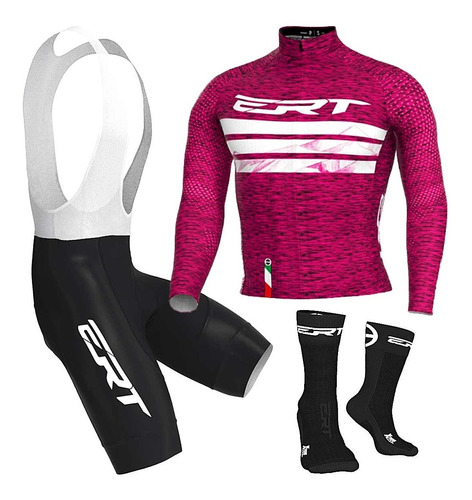 Imagem 1 de 10 de Conj Ciclismo Ert - Bretelle + Camisa Bianche Rosa + Meia