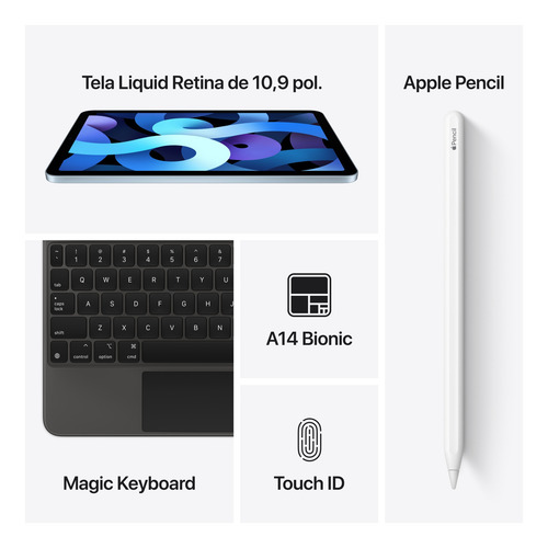 iPad Air 4th generation 2020 A2072 10.9" com rede móvel 256GB azul-céu 4GB de memoria RAM - Excelente (Recondicionado)