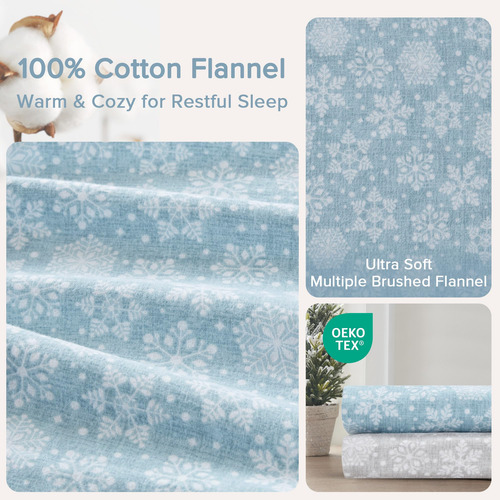 Juego De Cama De Franela Algodón Matrimonial Azul Copos De N