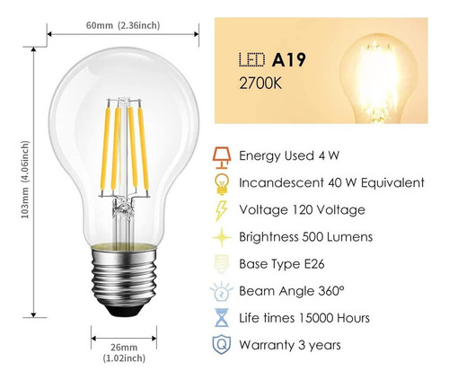 . Bombilla Led A19 Base E26, 4w, Blanco Cálido 2700k