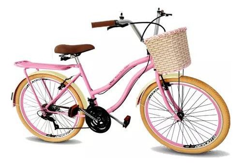 Bicicleta  de passeio Maria Clara Bikes Passeio aro 26 17" 18v freios v-brakes câmbios Yamada cor rosa/bege com descanso lateral