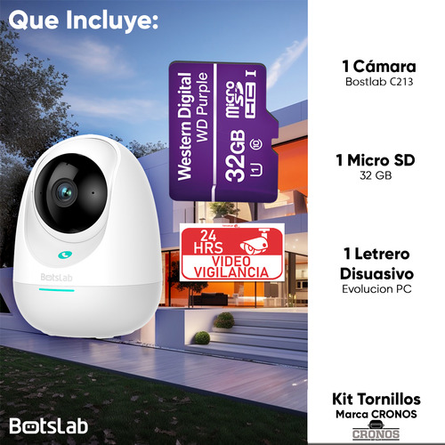 Kit De Videovigilancia Cronos Cámara Bostlab 2e Pro C213 2k Wi-fi Visión 360° Y Audio Bidireccional Llamada Con Un Clic + Microsd 32gb - Kit Cámara Inteligente C213-32gb (microsd Wd Purple 32gb)